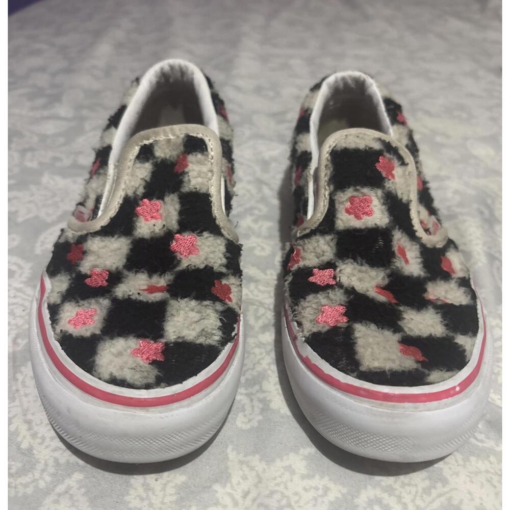 Vans Slip On Sherpa Faux Fur Checkered Pink Flower Kids 2
